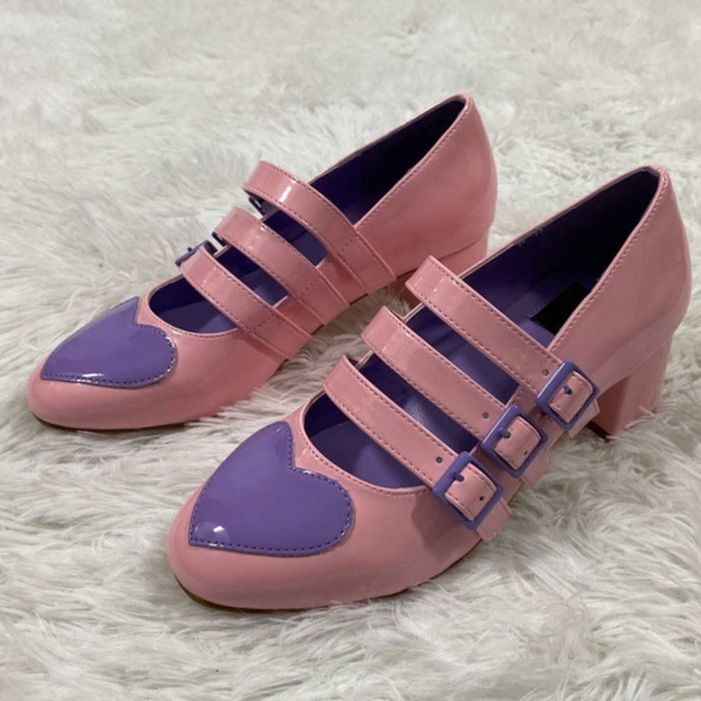 STRANGE CVLT Faux Patent Leather Mary Janes Heels Pastel Heart Pink Purple 6